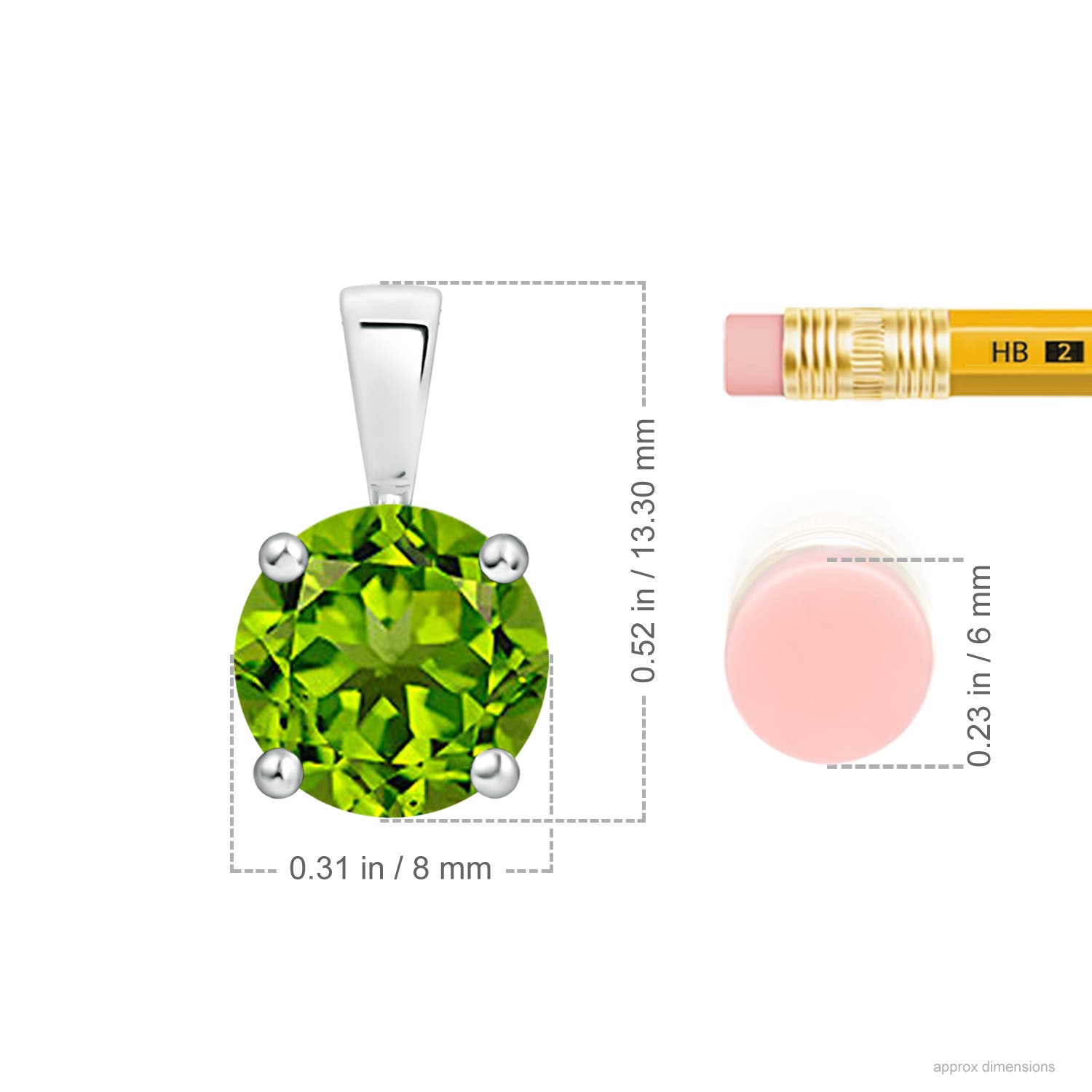 8mm AAAA Classic Prong-Set Round Peridot Solitaire Pendant in White Gold - ruler