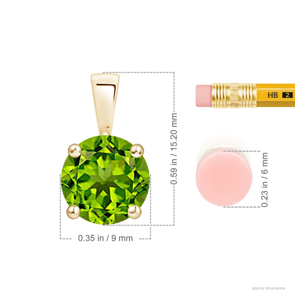 9mm AAAA Classic Prong-Set Round Peridot Solitaire Pendant in Yellow Gold ruler