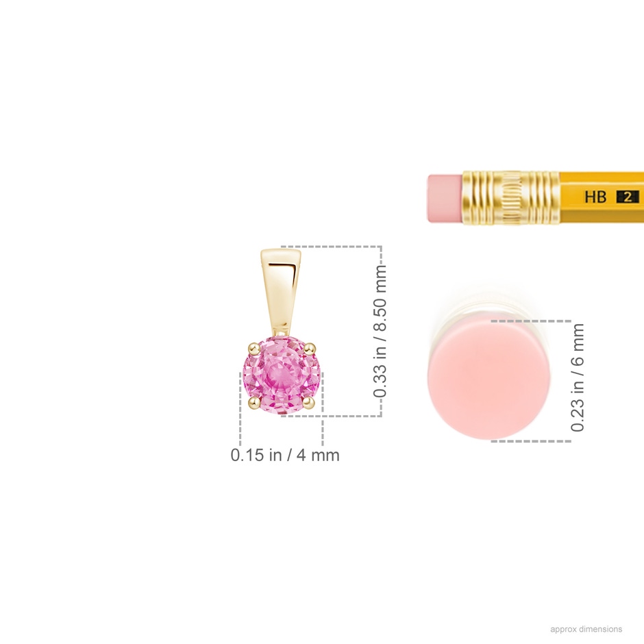 4mm A Classic Prong-Set Round Pink Sapphire Solitaire Pendant in Yellow Gold ruler