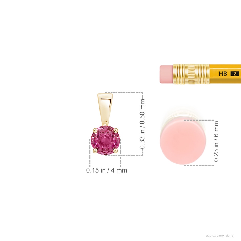 4mm AAAA Classic Prong-Set Round Pink Sapphire Solitaire Pendant in 18K Yellow Gold ruler