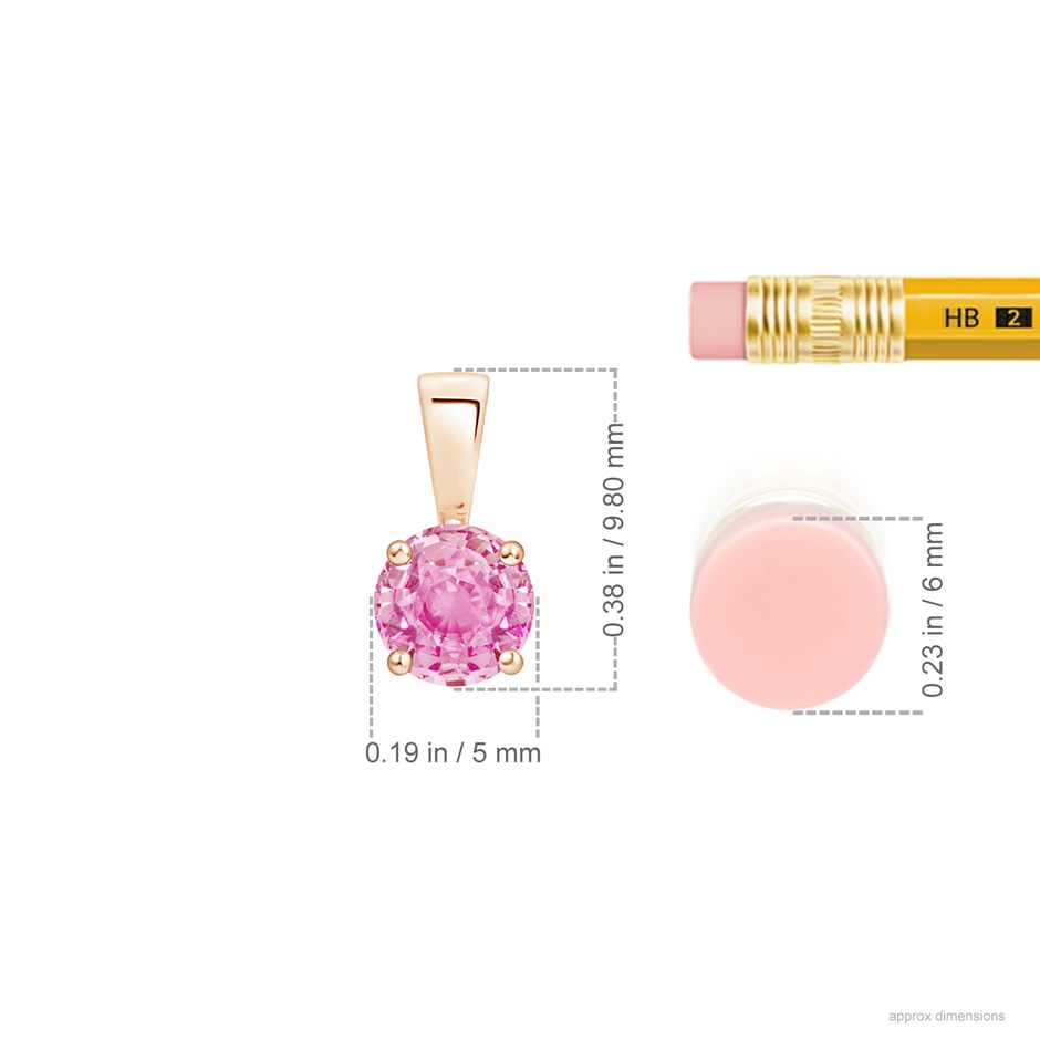 5mm A Classic Prong-Set Round Pink Sapphire Solitaire Pendant in Rose Gold ruler
