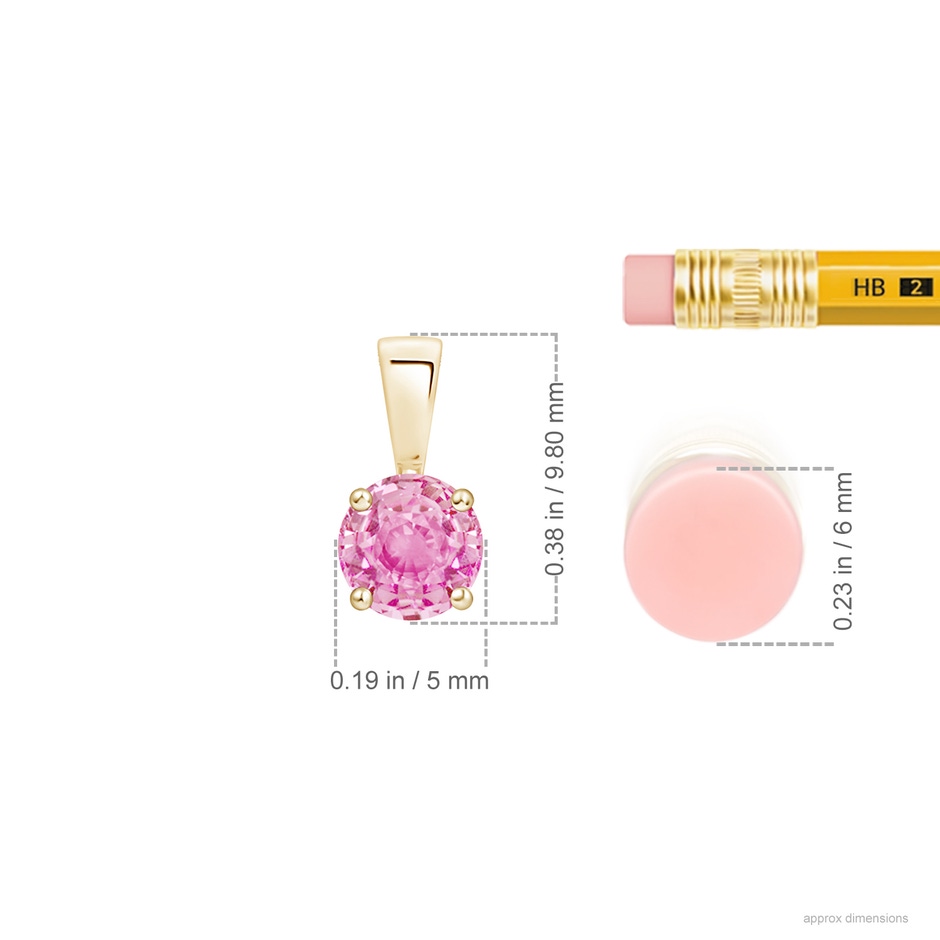 5mm A Classic Prong-Set Round Pink Sapphire Solitaire Pendant in Yellow Gold ruler