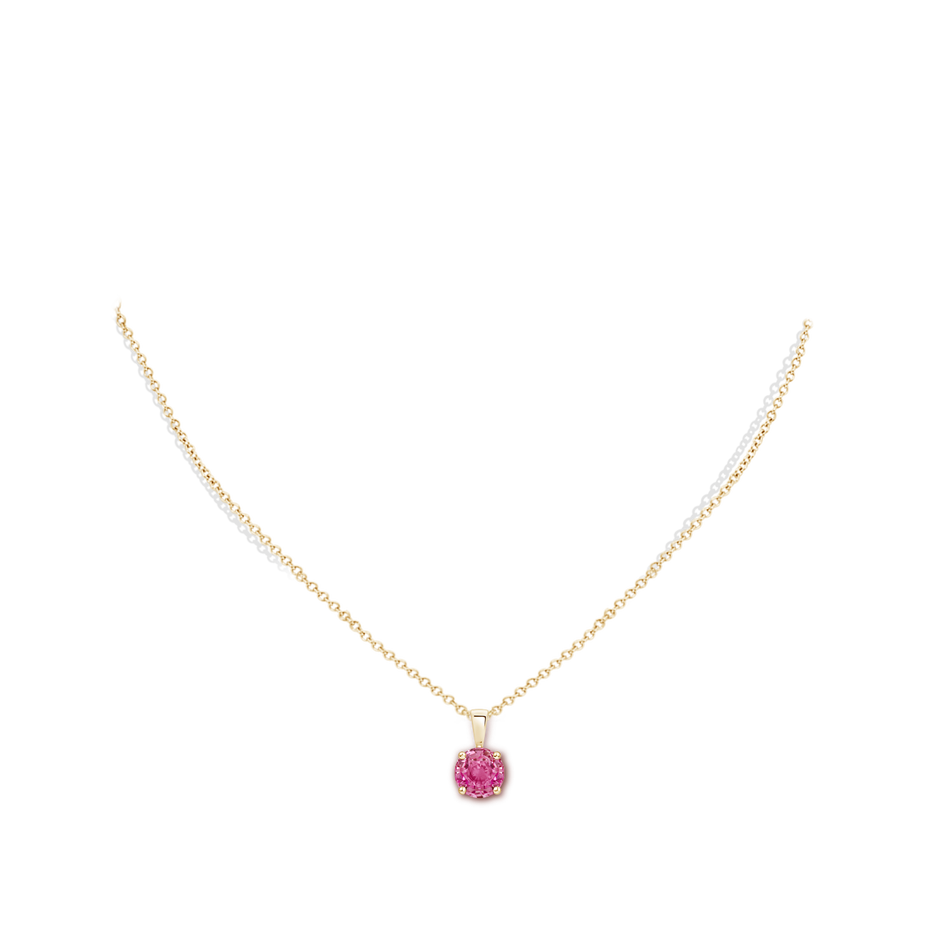 7mm AAA Classic Prong-Set Round Pink Sapphire Solitaire Pendant in Yellow Gold pen