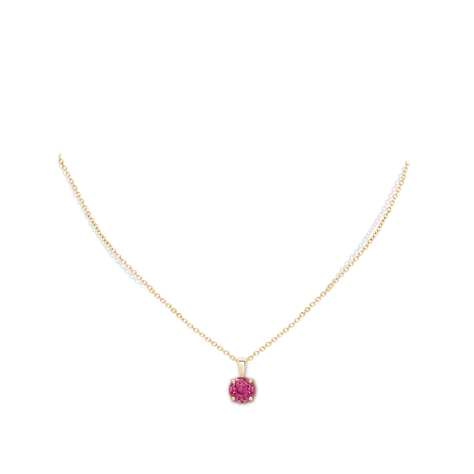 7mm AAAA Classic Prong-Set Round Pink Sapphire Solitaire Pendant in Yellow Gold pen