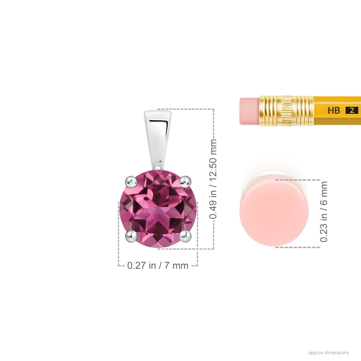 7mm AAAA Classic Round Pink Tourmaline Solitaire Pendant in White Gold - ruler