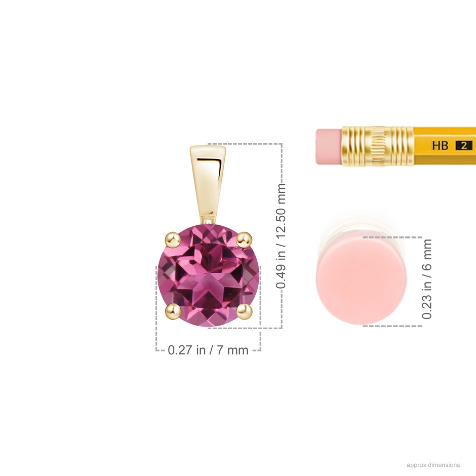 7mm AAAA Classic Round Pink Tourmaline Solitaire Pendant in Yellow Gold ruler