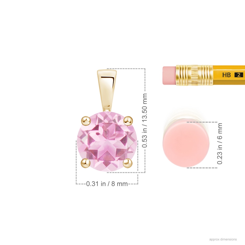 8mm A Classic Round Pink Tourmaline Solitaire Pendant in 18K Yellow Gold ruler