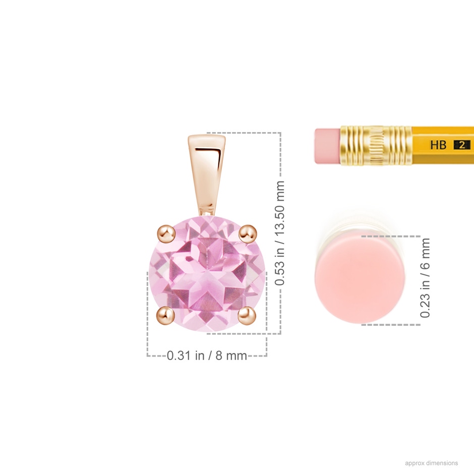 8mm A Classic Round Pink Tourmaline Solitaire Pendant in Rose Gold ruler