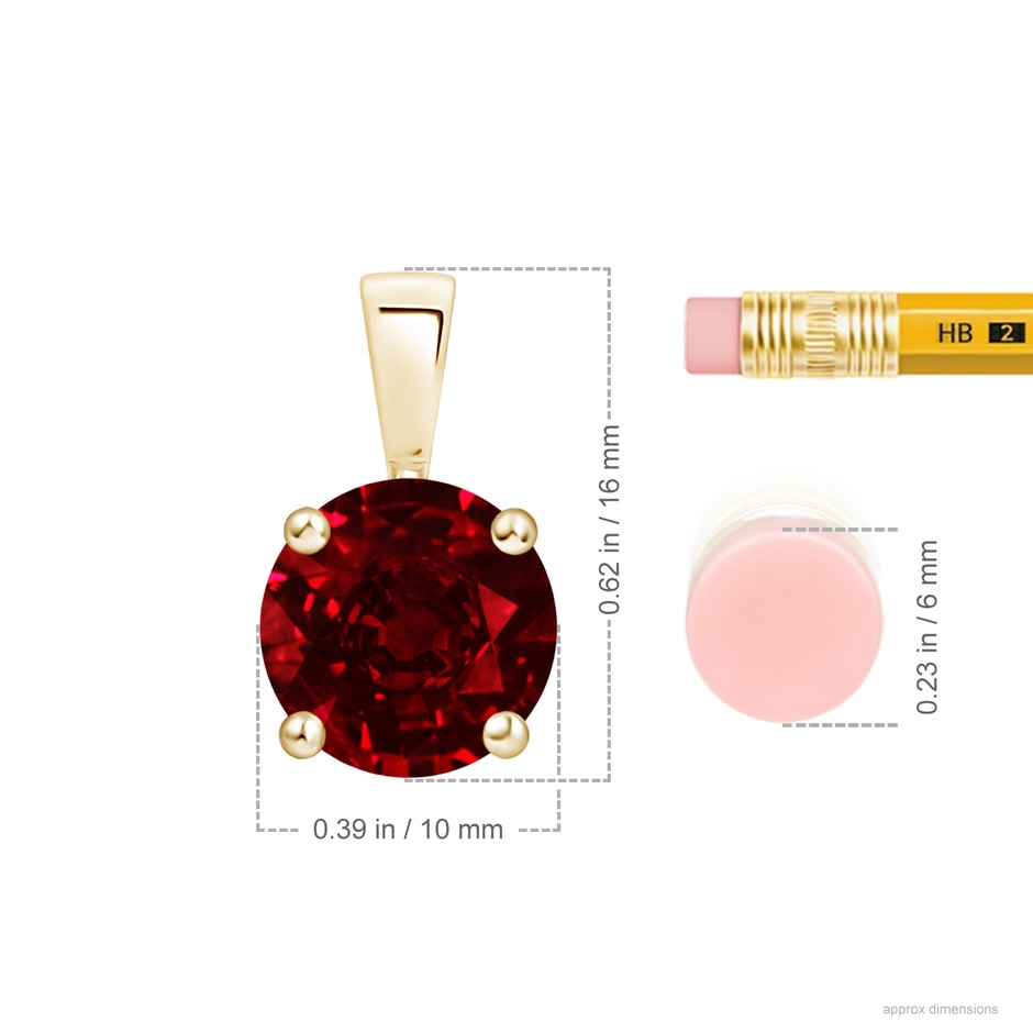 10mm AAAA Classic Prong-Set Round Ruby Solitaire Pendant in Yellow Gold ruler