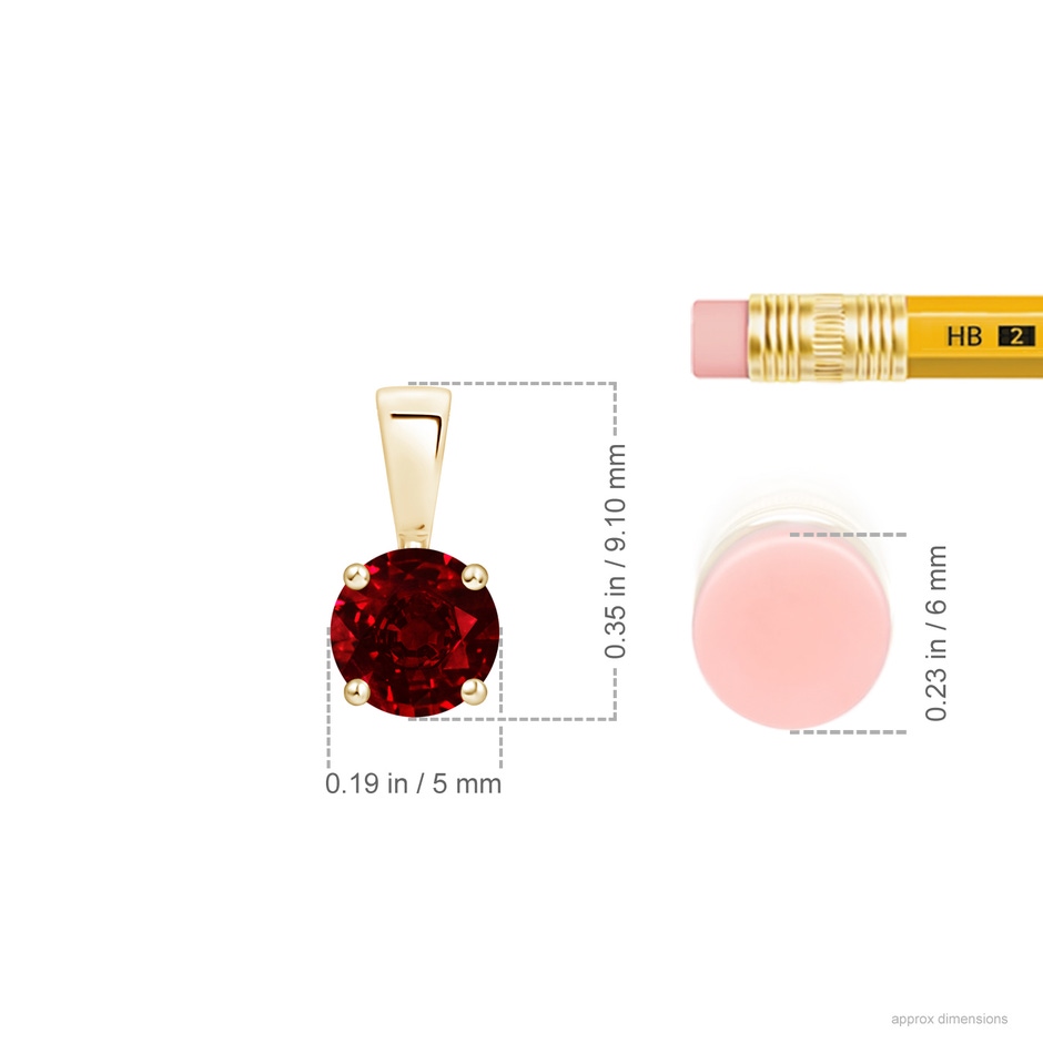 5mm AAAA Classic Prong-Set Round Ruby Solitaire Pendant in Yellow Gold ruler