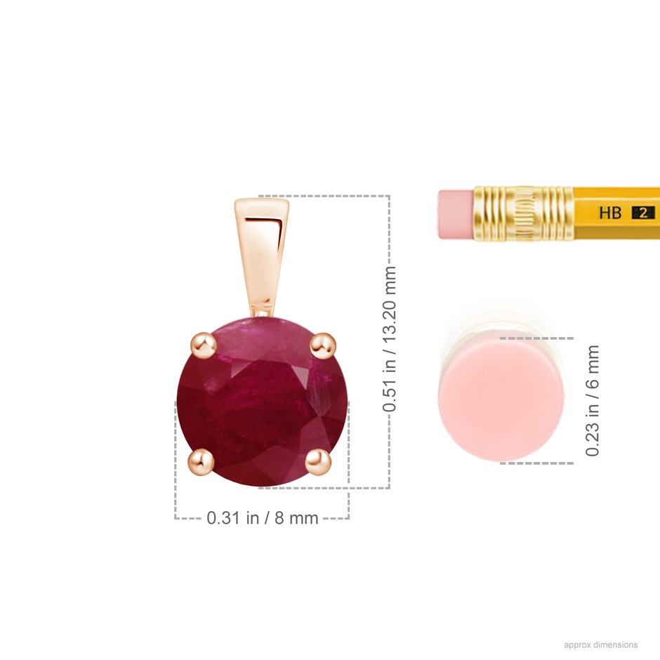 8mm A Classic Prong-Set Round Ruby Solitaire Pendant in Rose Gold ruler