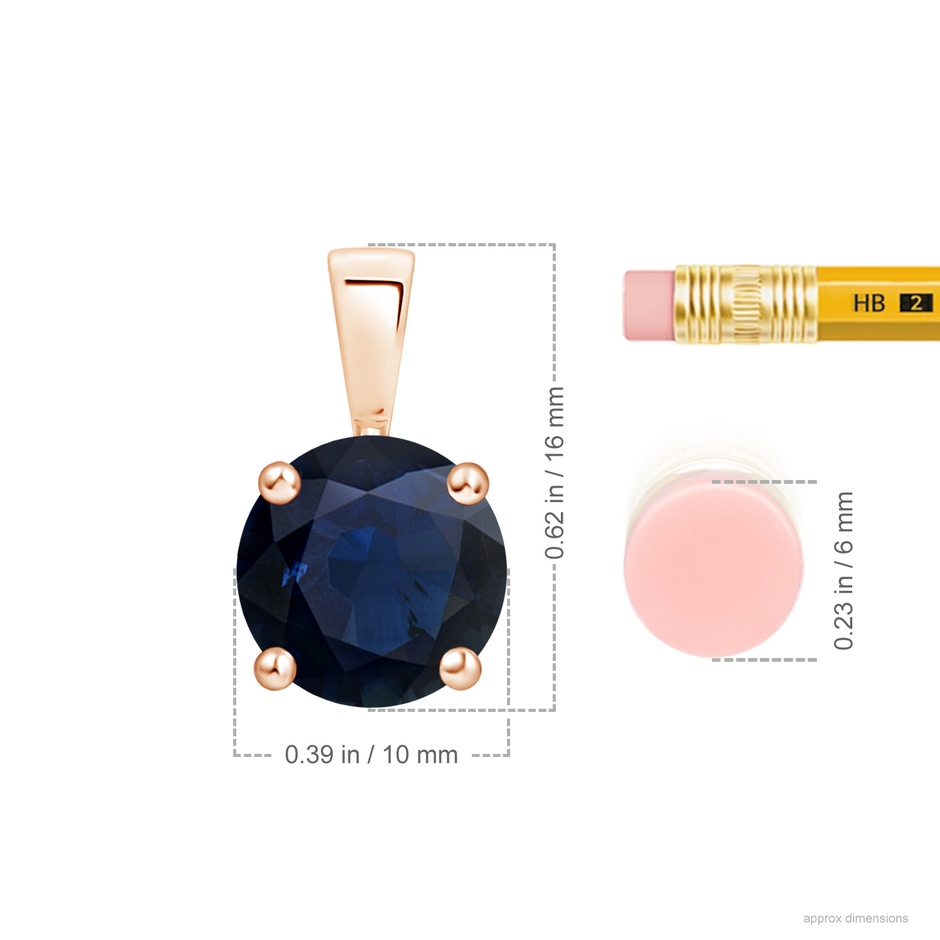 10mm A Classic Prong-Set Round Blue Sapphire Solitaire Pendant in Rose Gold ruler
