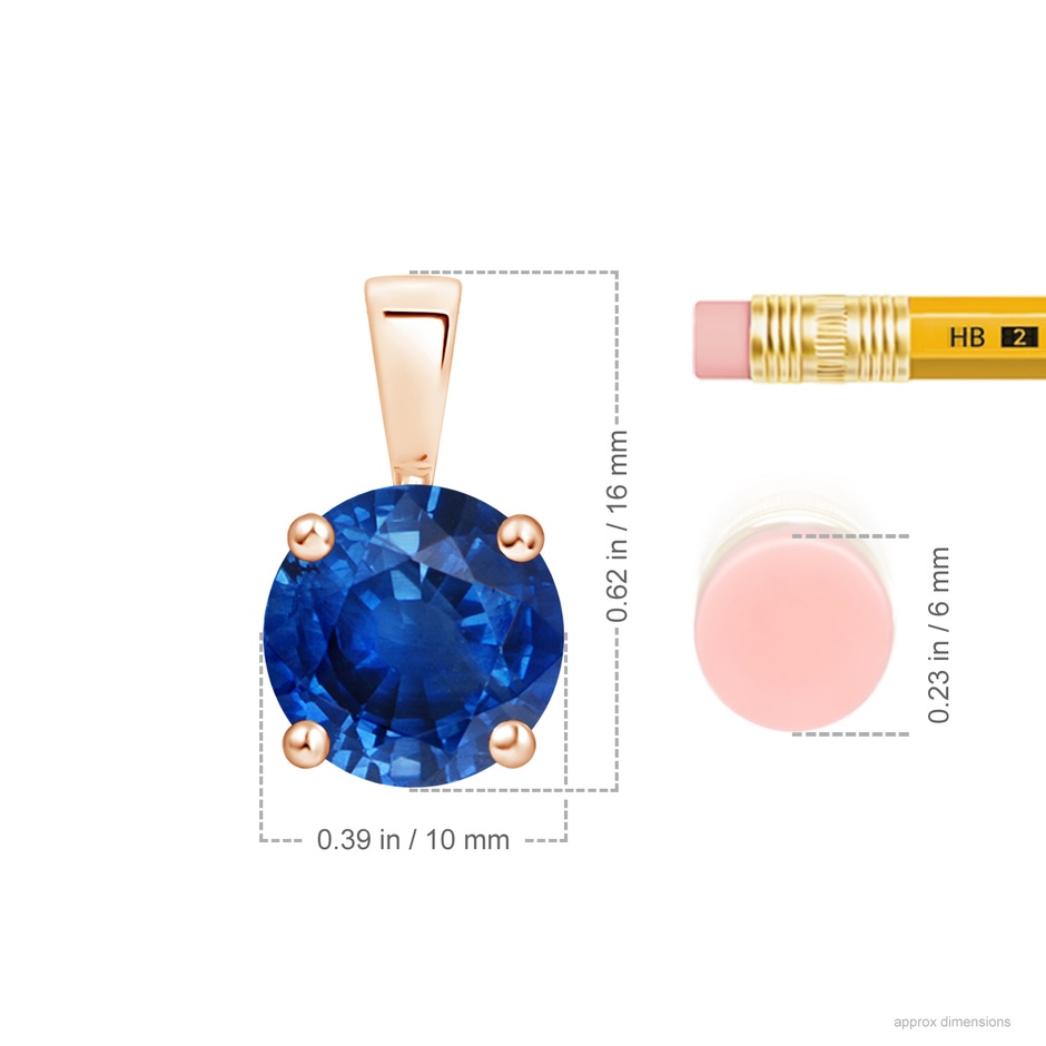 10mm AAA Classic Prong-Set Round Blue Sapphire Solitaire Pendant in 18K Rose Gold ruler