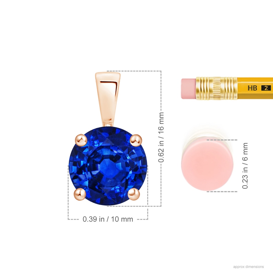 10mm AAAA Classic Prong-Set Round Blue Sapphire Solitaire Pendant in Rose Gold ruler