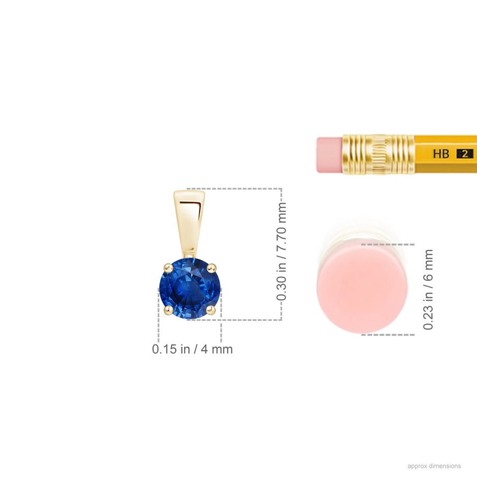 4mm AAA Classic Prong-Set Round Blue Sapphire Solitaire Pendant in Yellow Gold ruler