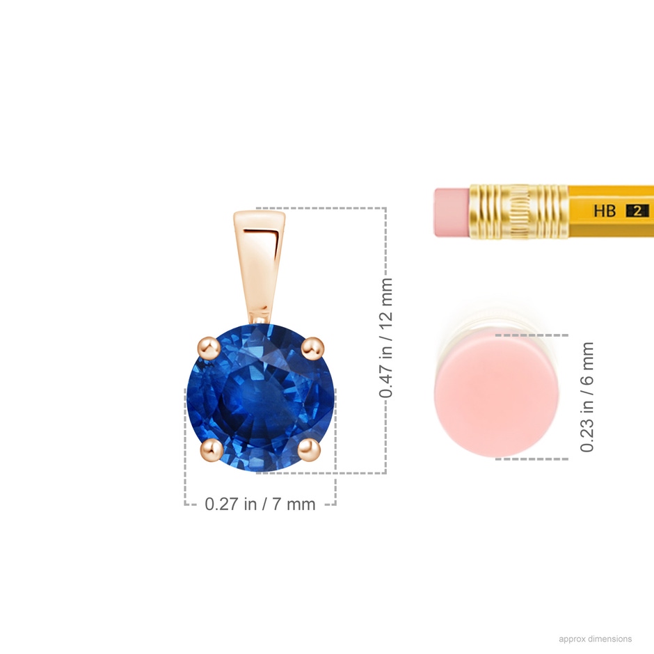 7mm AAA Classic Prong-Set Round Blue Sapphire Solitaire Pendant in Rose Gold ruler