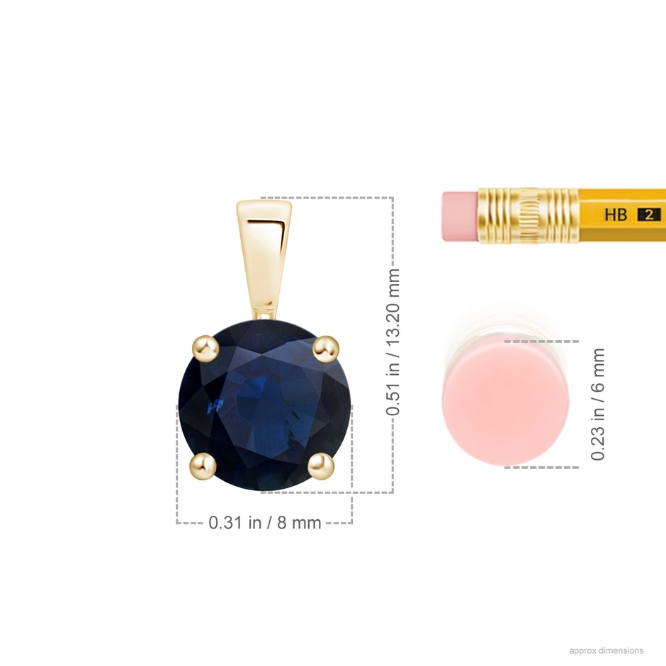 8mm A Classic Prong-Set Round Blue Sapphire Solitaire Pendant in Yellow Gold ruler