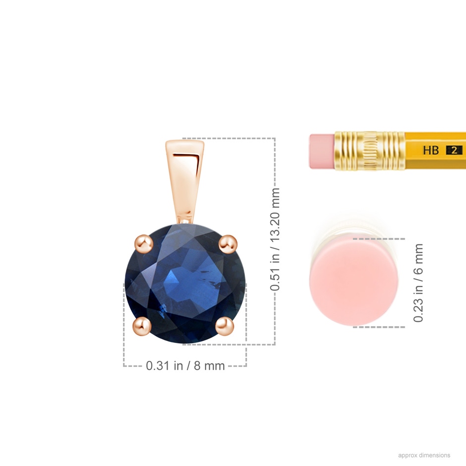 8mm AA Classic Prong-Set Round Blue Sapphire Solitaire Pendant in 18K Rose Gold ruler