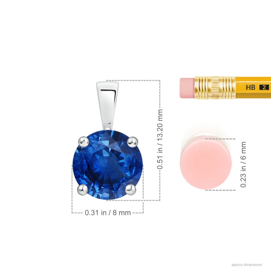 8mm AAA Classic Prong-Set Round Blue Sapphire Solitaire Pendant in S999 Silver ruler