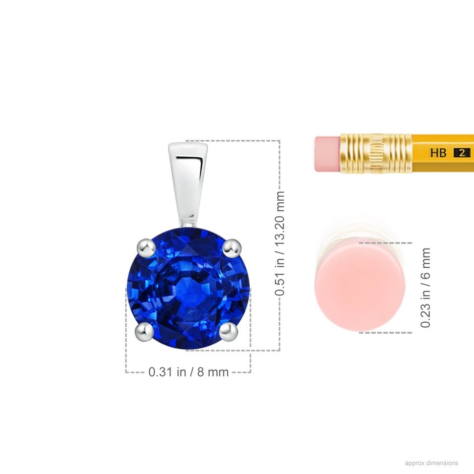 8mm AAAA Classic Prong-Set Round Blue Sapphire Solitaire Pendant in S999 Silver ruler