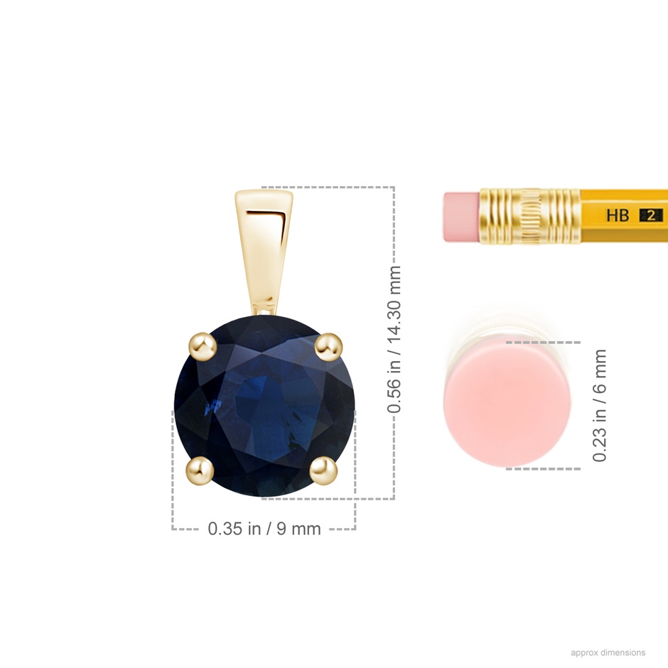 9mm A Classic Prong-Set Round Blue Sapphire Solitaire Pendant in Yellow Gold ruler