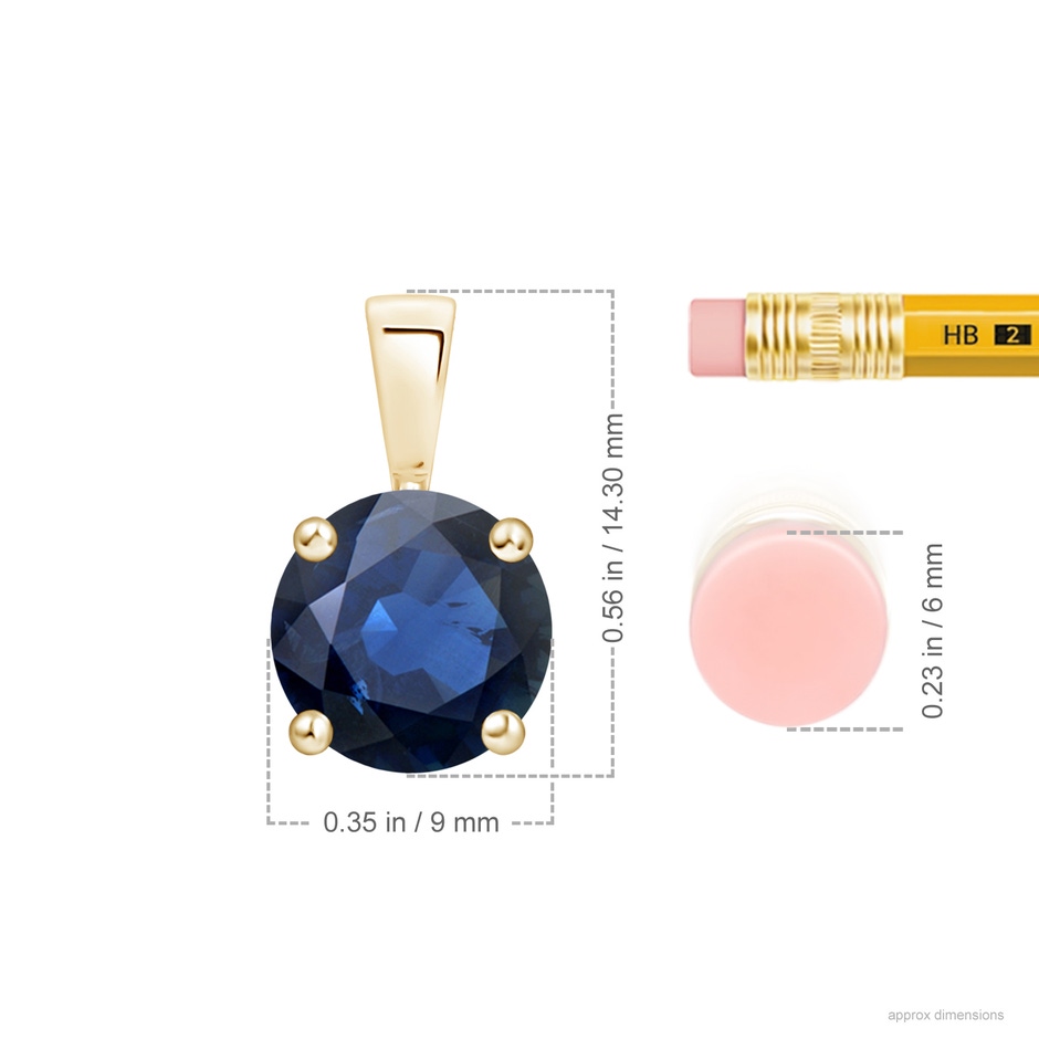 9mm AA Classic Prong-Set Round Blue Sapphire Solitaire Pendant in Yellow Gold ruler