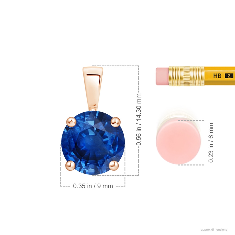 9mm AAA Classic Prong-Set Round Blue Sapphire Solitaire Pendant in 18K Rose Gold ruler
