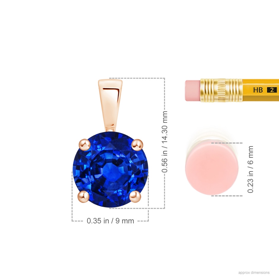 9mm AAAA Classic Prong-Set Round Blue Sapphire Solitaire Pendant in Rose Gold ruler