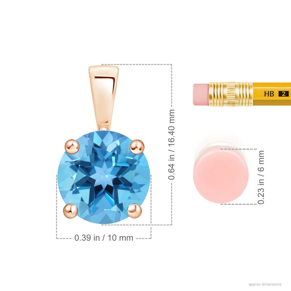 10mm AA Classic Prong-Set Round Swiss Blue Topaz Solitaire Pendant in Rose Gold ruler