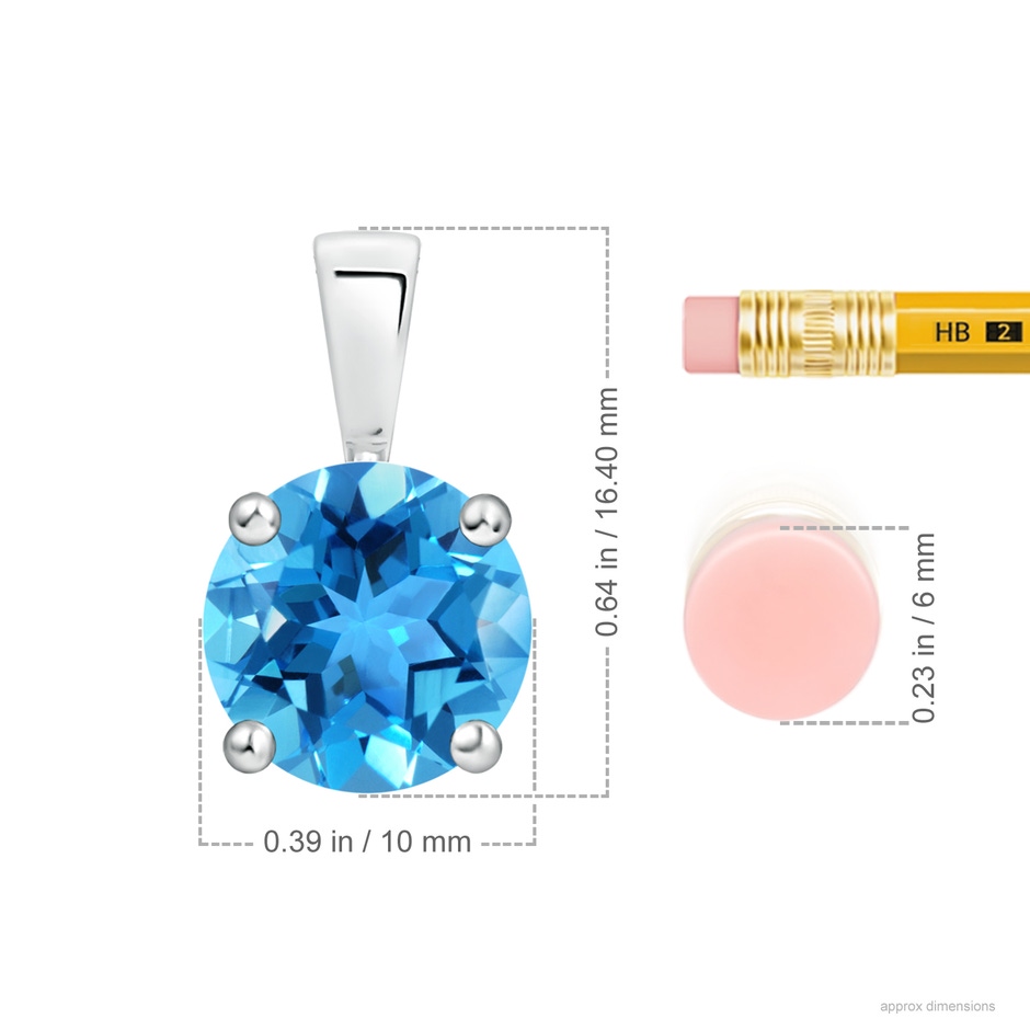 10mm AAA Classic Prong-Set Round Swiss Blue Topaz Solitaire Pendant in White Gold ruler