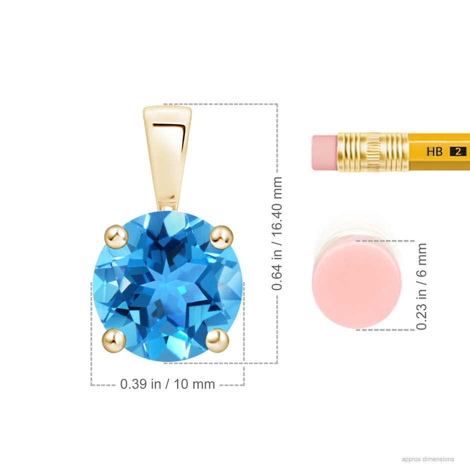 10mm AAA Classic Prong-Set Round Swiss Blue Topaz Solitaire Pendant in Yellow Gold ruler