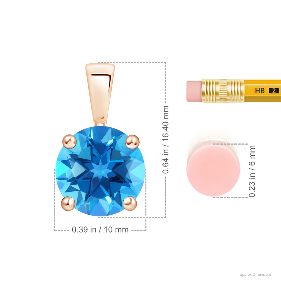 10mm AAAA Classic Prong-Set Round Swiss Blue Topaz Solitaire Pendant in Rose Gold ruler