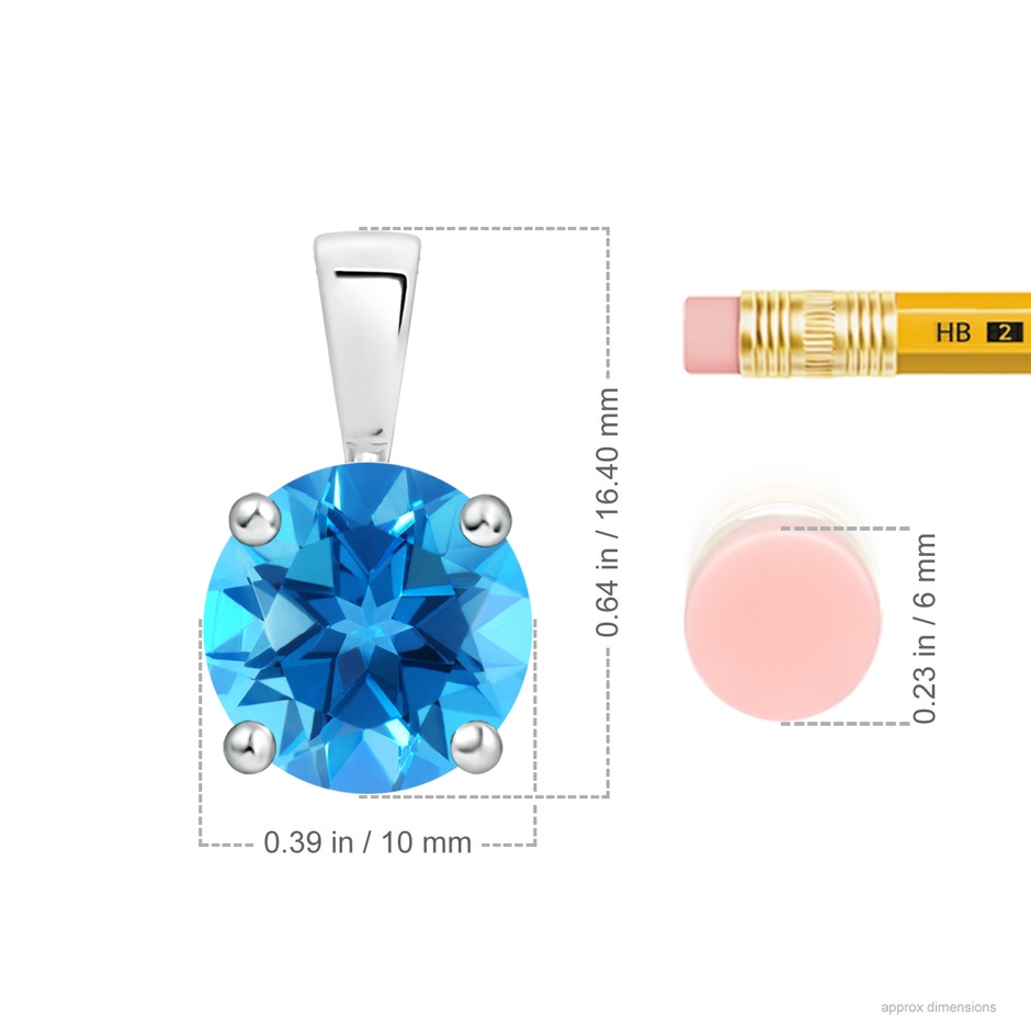 10mm AAAA Classic Prong-Set Round Swiss Blue Topaz Solitaire Pendant in S999 Silver ruler