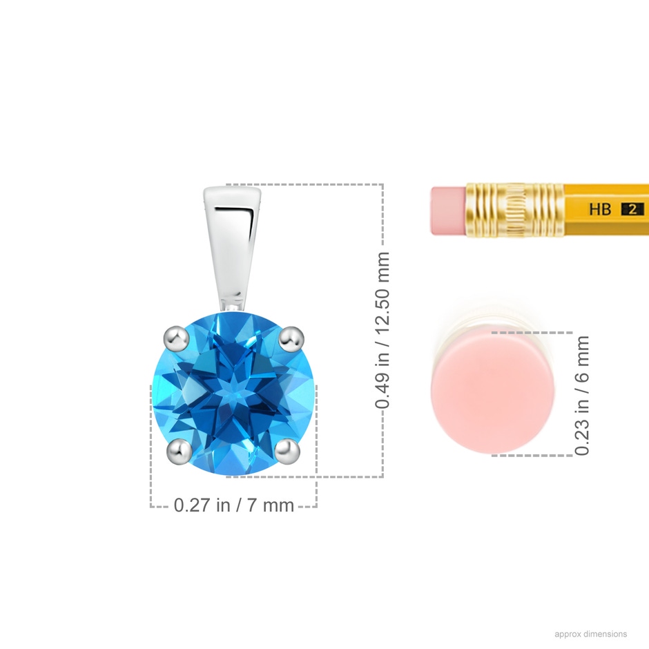 7mm AAAA Classic Prong-Set Round Swiss Blue Topaz Solitaire Pendant in S999 Silver ruler