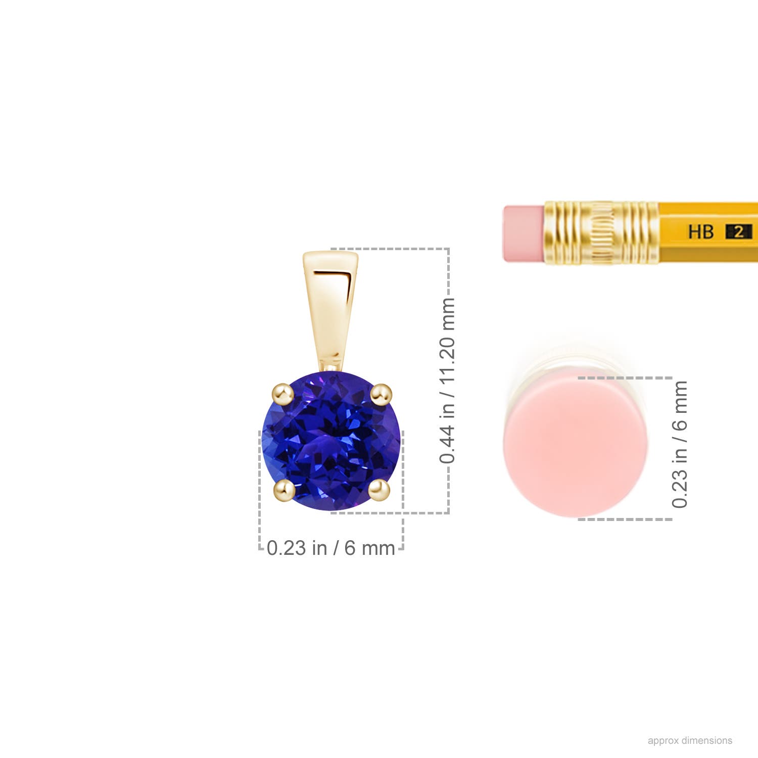 6mm AAAA Classic Prong-Set Round Tanzanite Solitaire Pendant in Yellow Gold - ruler