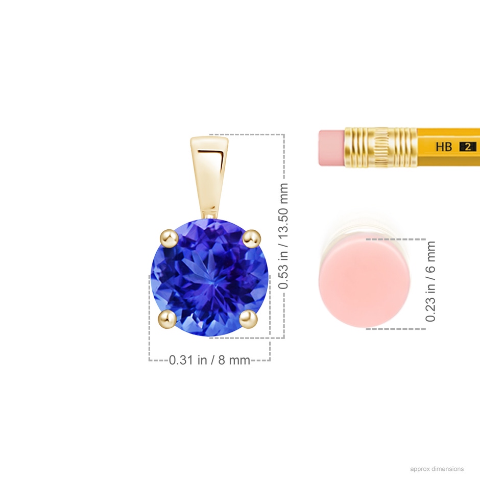 8mm AAA Classic Prong-Set Round Tanzanite Solitaire Pendant in Yellow Gold ruler