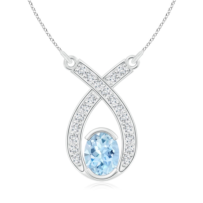 7x5mm AAA Oval Aquamarine Ribbon Pendant with Diamond Accents in White Gold
