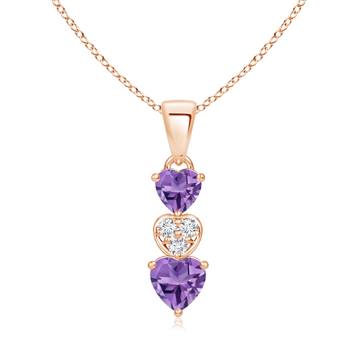 5mm AA Dangling Amethyst and Diamond Triple Heart Pendant in Rose Gold 