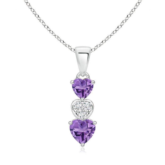 5mm AA Dangling Amethyst and Diamond Triple Heart Pendant in White Gold 