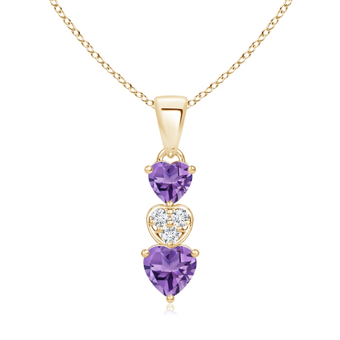 5mm AA Dangling Amethyst and Diamond Triple Heart Pendant in Yellow Gold 