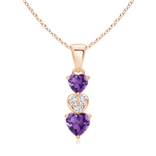 5mm AAA Dangling Amethyst and Diamond Triple Heart Pendant in Rose Gold