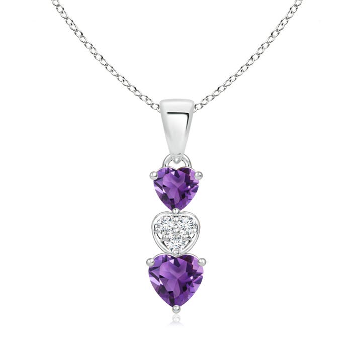 5mm AAA Dangling Amethyst and Diamond Triple Heart Pendant in S999 Silver