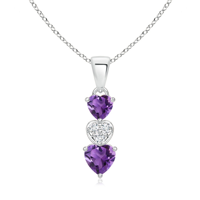 5mm AAA Dangling Amethyst and Diamond Triple Heart Pendant in White Gold 