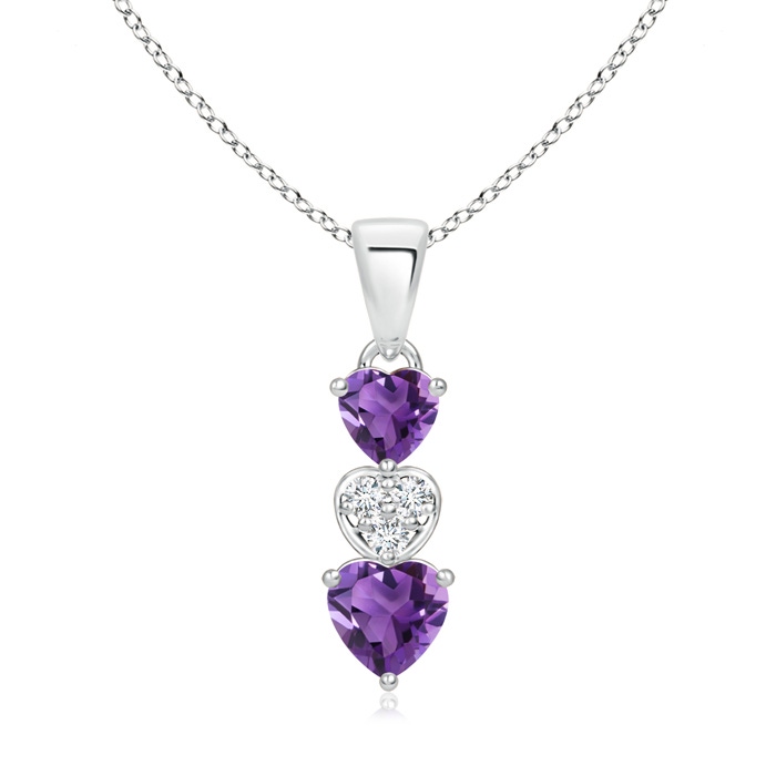 5mm AAA Dangling Amethyst and Diamond Triple Heart Pendant in White Gold