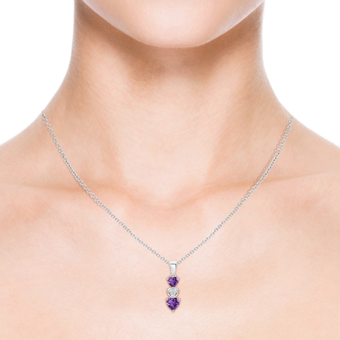 5mm AAA Dangling Amethyst and Diamond Triple Heart Pendant in White Gold product image