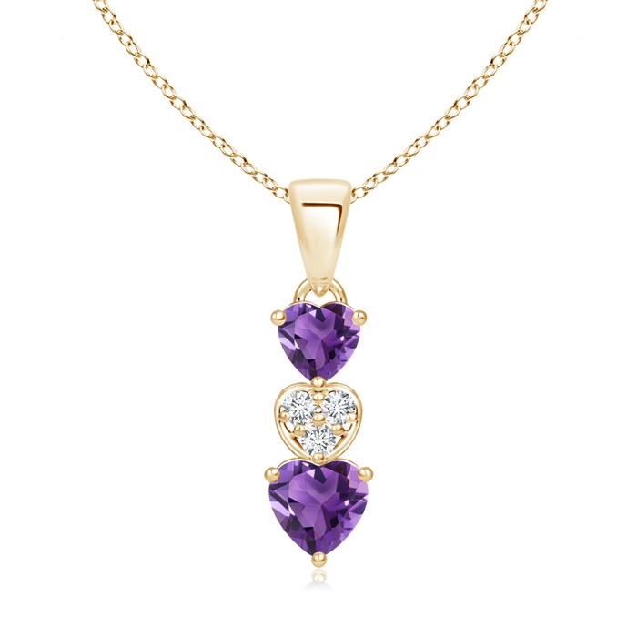 5mm AAA Dangling Amethyst and Diamond Triple Heart Pendant in Yellow Gold 