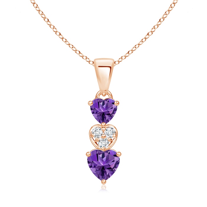 5mm AAAA Dangling Amethyst and Diamond Triple Heart Pendant in Rose Gold 