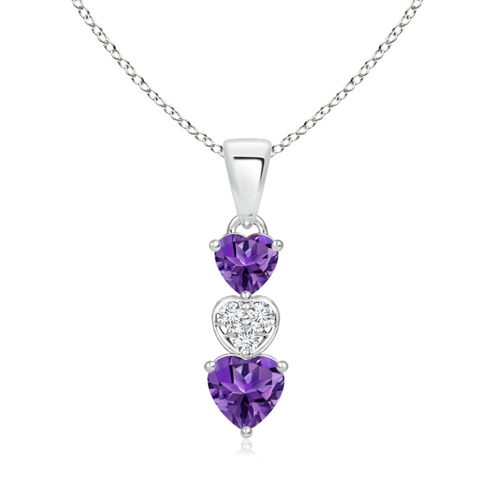 5mm AAAA Dangling Amethyst and Diamond Triple Heart Pendant in White Gold 