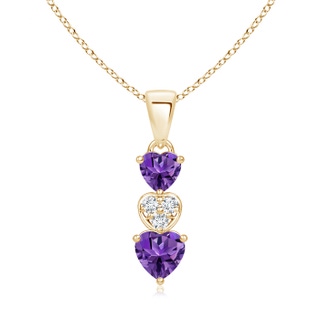 5mm AAAA Dangling Amethyst and Diamond Triple Heart Pendant in Yellow Gold