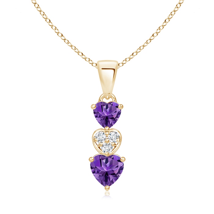 5mm AAAA Dangling Amethyst and Diamond Triple Heart Pendant in Yellow Gold 